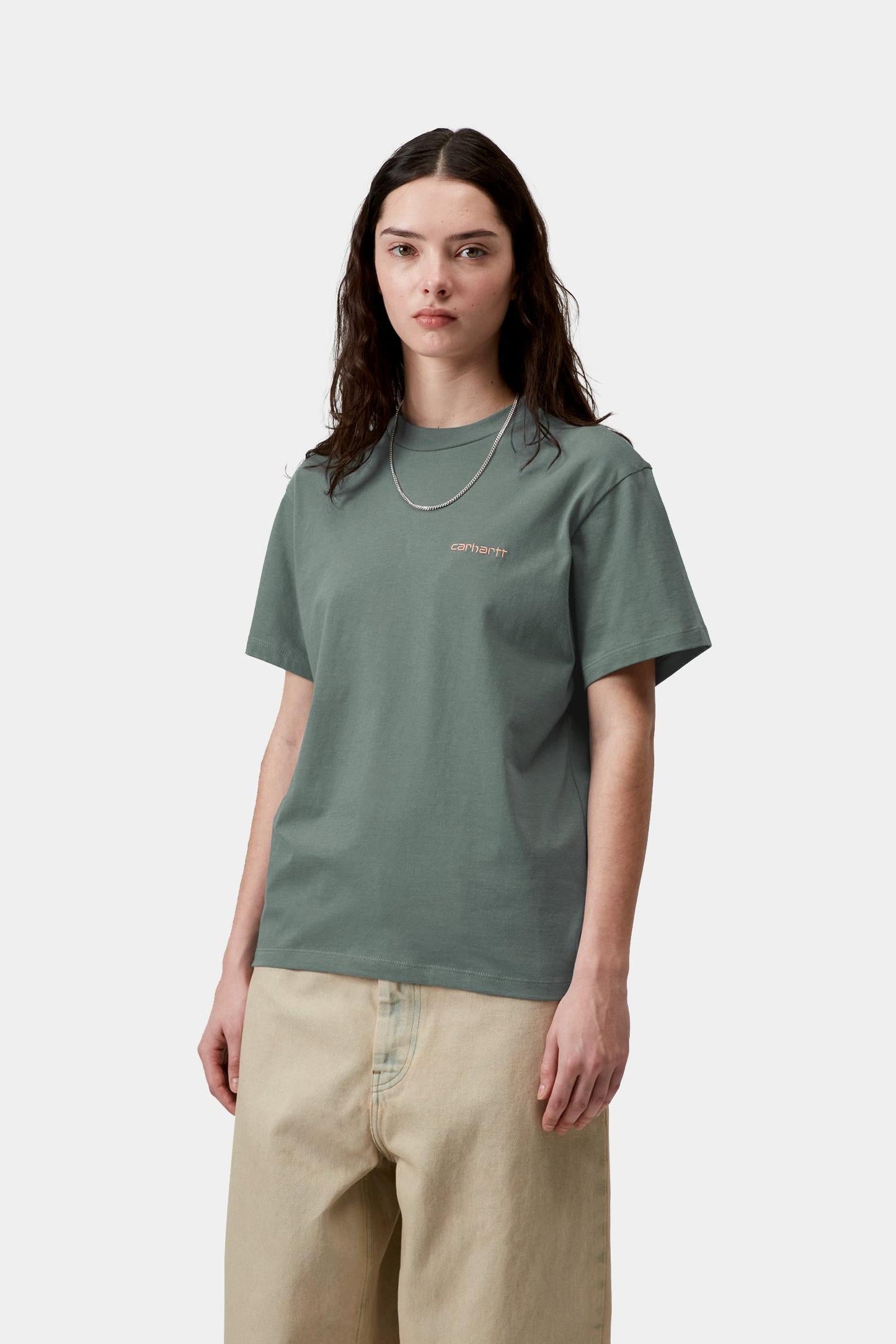 Script Embroidery T-Shirt Velvet Green / Gentle Orange
