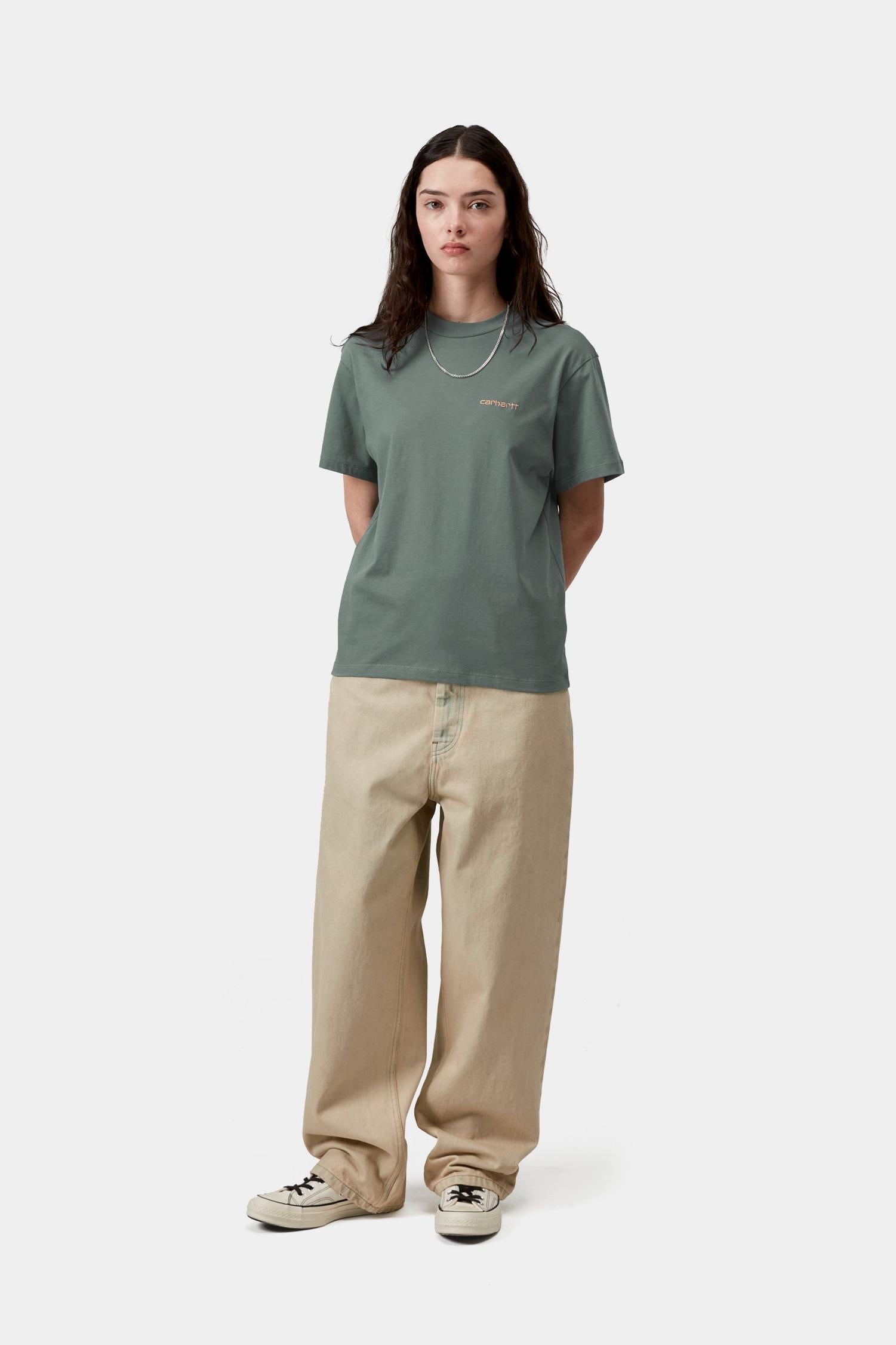 Script Embroidery T-Shirt Velvet Green / Gentle Orange